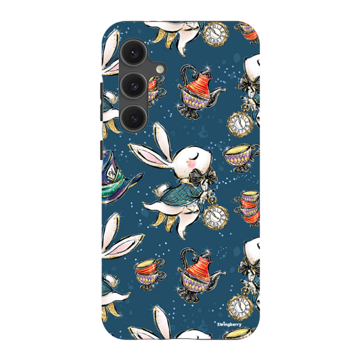 Samsung Tough Case featuring a whimsical Magic Alice rabbit and tea party pattern on a dark blue background.