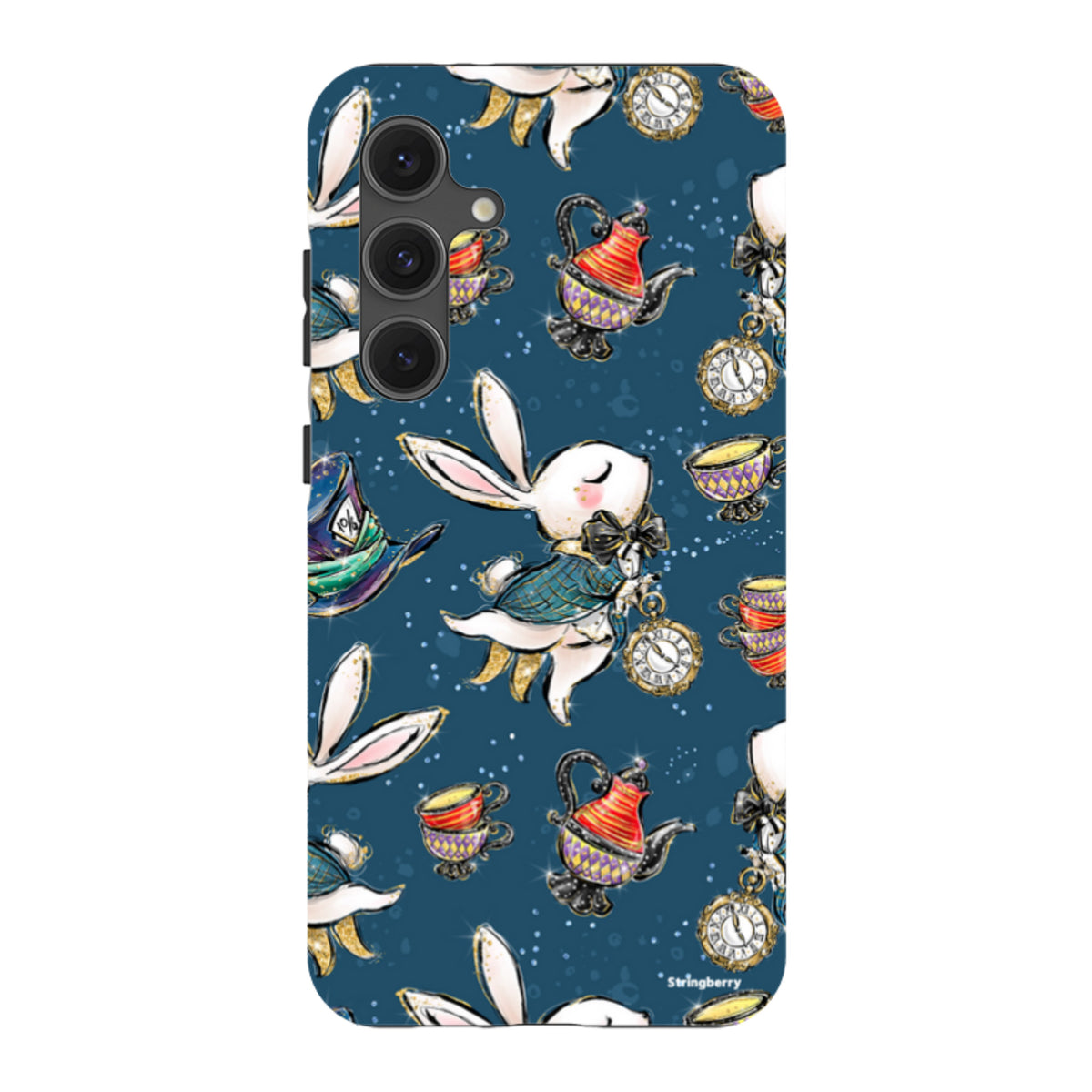 Samsung Tough Case featuring a whimsical Magic Alice rabbit and tea party pattern on a deep blue background.