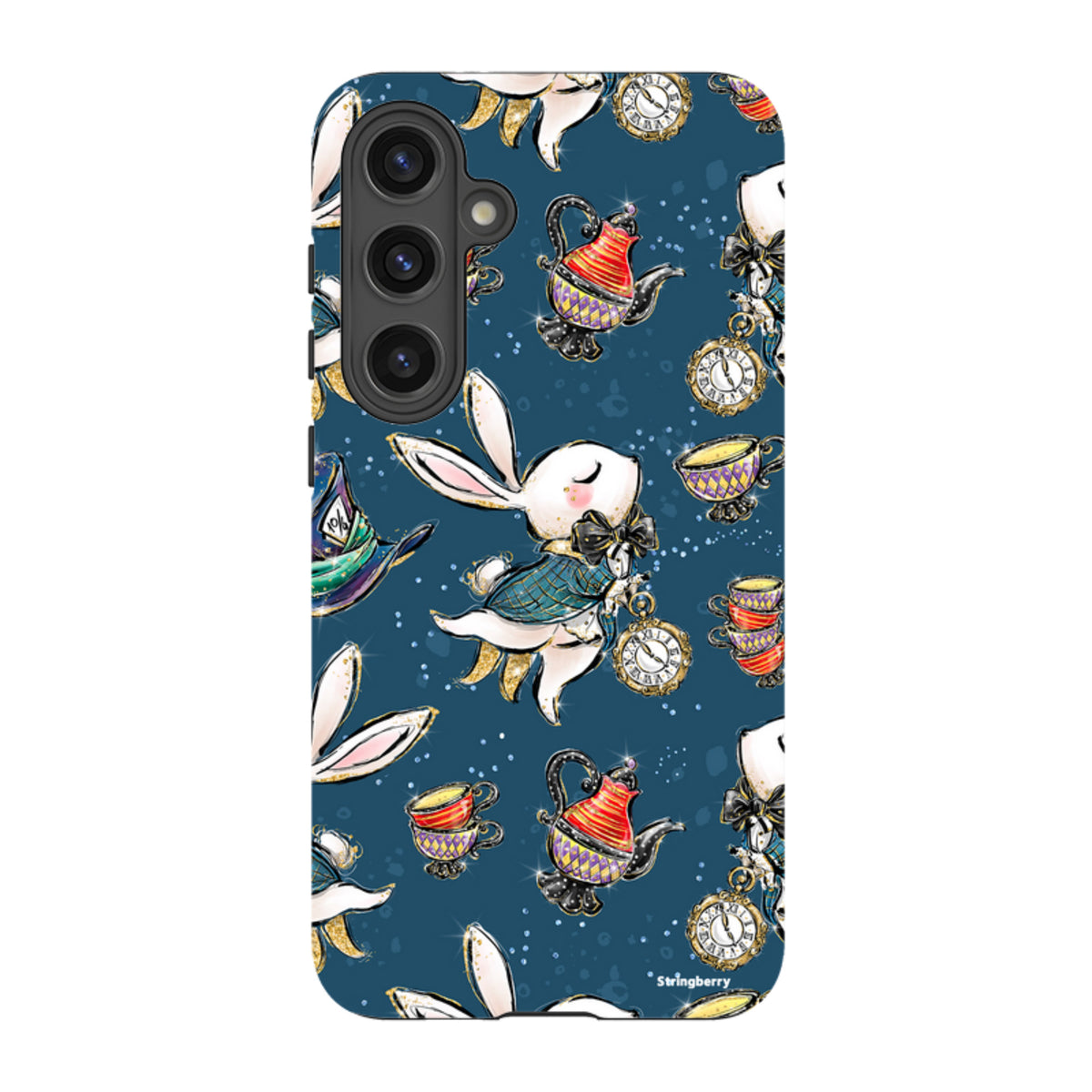 Samsung Tough Case featuring a whimsical Alice in Wonderland rabbit, teapot, and clock pattern on a dark blue background.