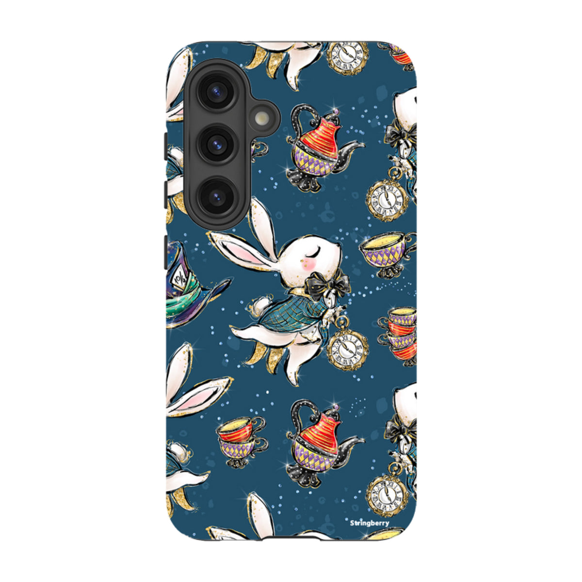 Samsung Tough Case featuring a whimsical Magic Alice rabbit, teapot, and clock pattern on a deep blue background.