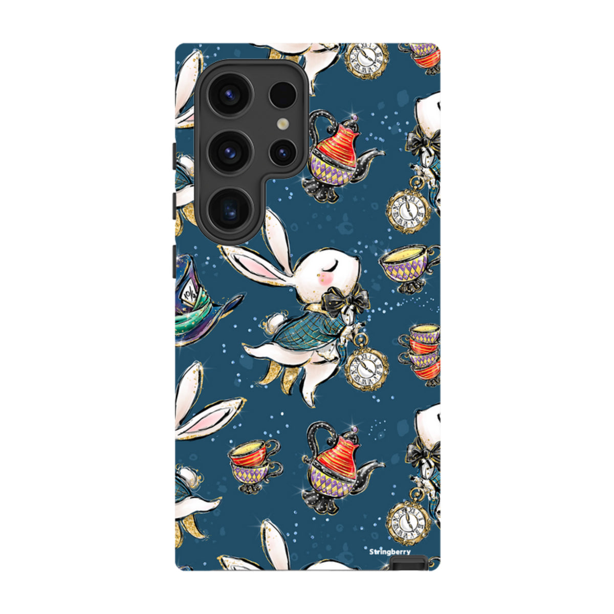 Samsung Tough Case with Magic Alice rabbit and teapot pattern on a dark blue background, featuring dual-layer protection.