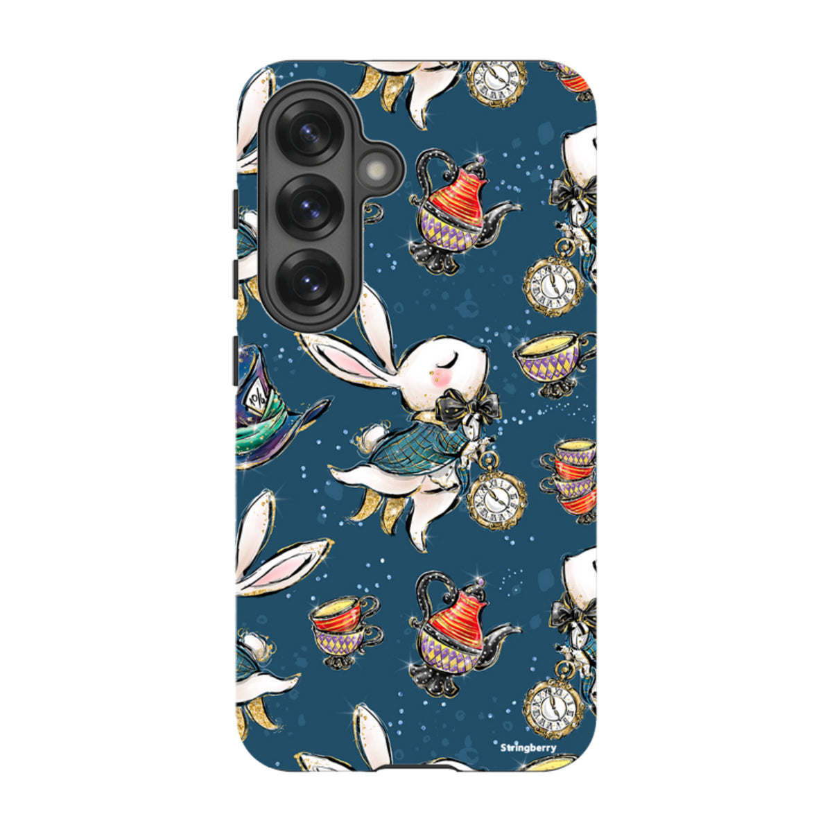 Samsung Tough Case featuring a whimsical Magic Alice rabbit and tea party pattern on a dark blue background.