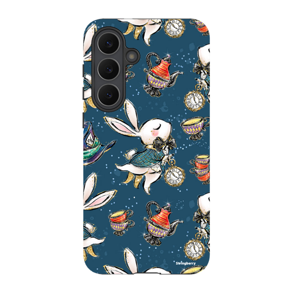 Samsung Tough Case featuring a Magic Alice rabbit and tea party pattern on a dark blue background.