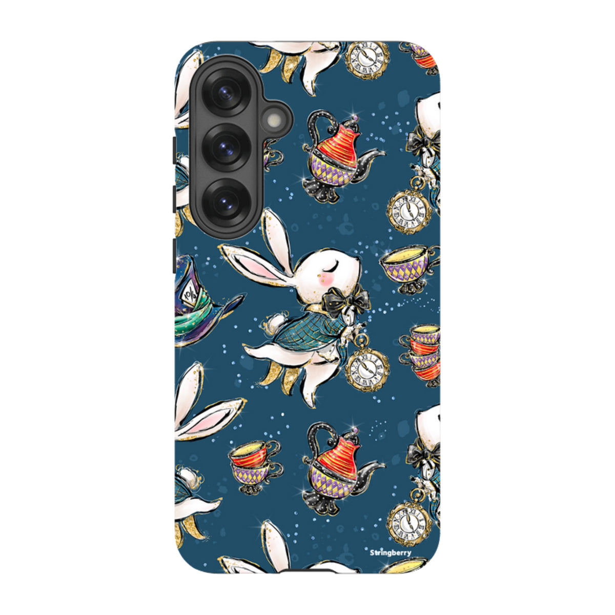 Samsung Tough Case featuring a whimsical Magic Alice rabbit and teapot pattern on a dark blue background.