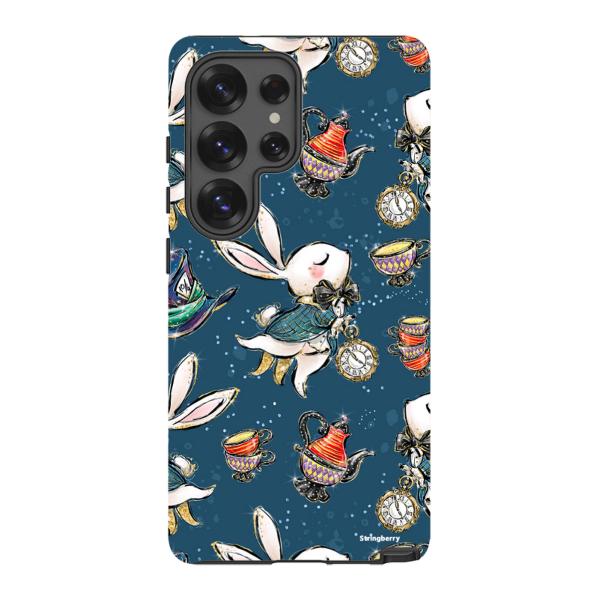 Samsung Tough Case featuring a whimsical Magic Alice rabbit, teapot, and clock pattern on a deep blue background.