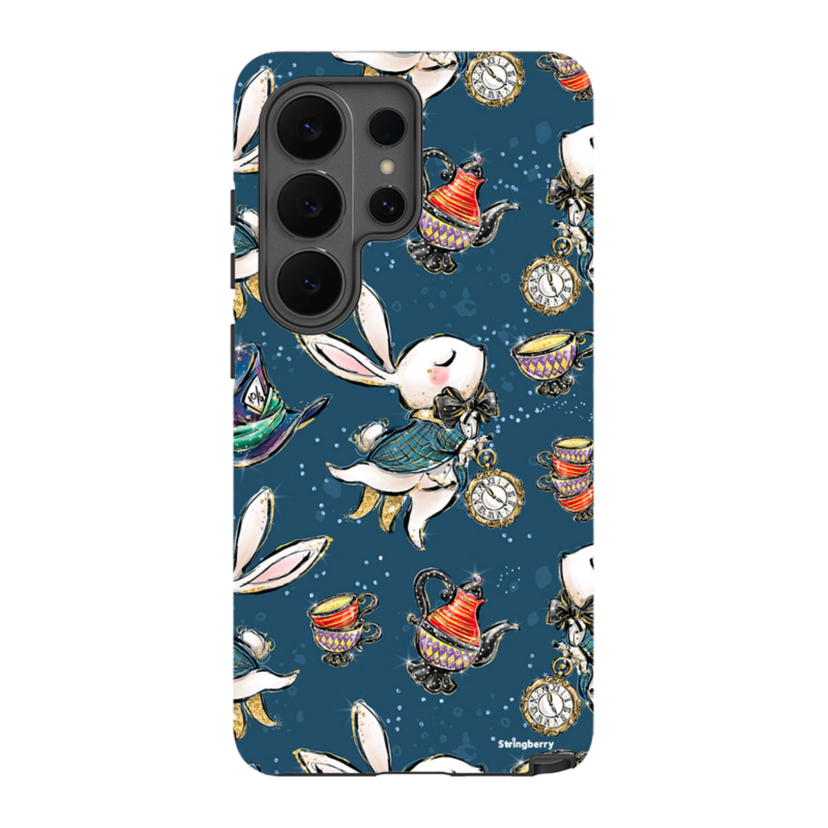 Samsung Tough Case featuring a whimsical Magic Alice rabbit and tea party pattern on a dark blue background.