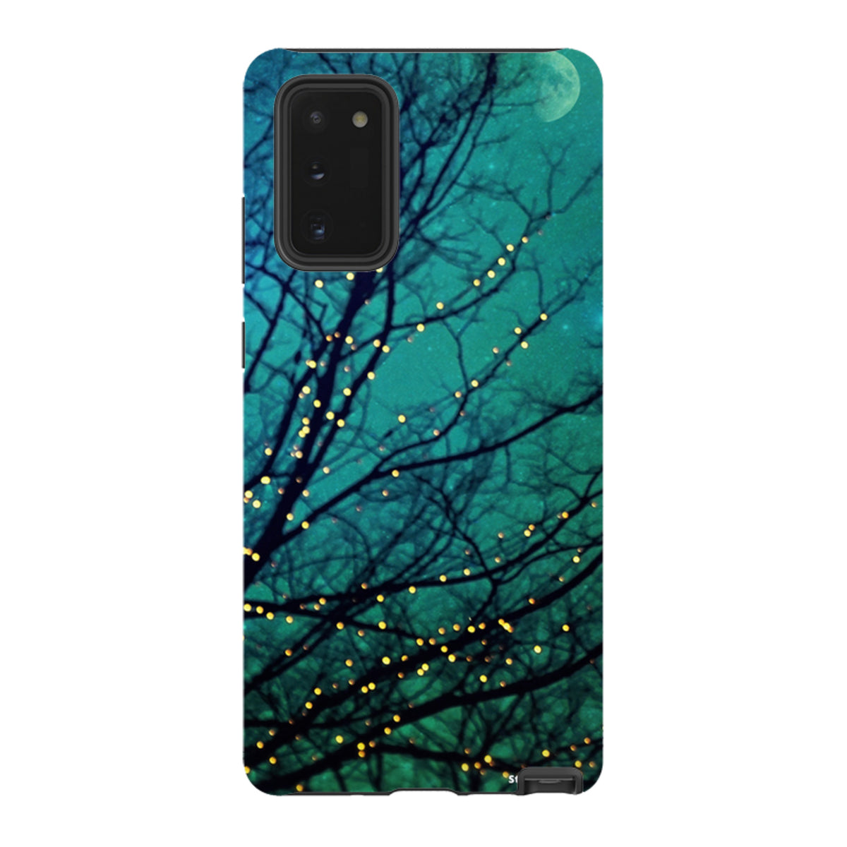 Samsung Tough Case featuring a teal night sky with silhouetted tree branches and glowing fairy lights design.