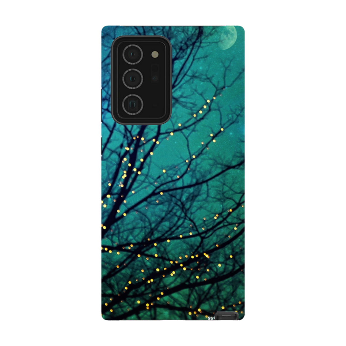 Samsung Tough Case featuring a teal night sky, silhouetted tree branches, and glowing fairy lights design.