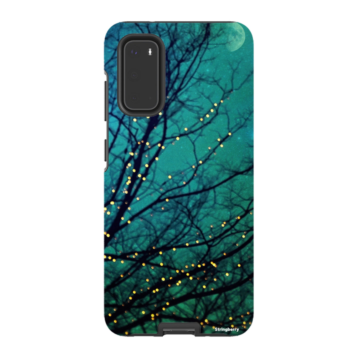 Samsung Tough Case featuring a teal night sky, silhouetted tree branches, and glowing fairy lights design.