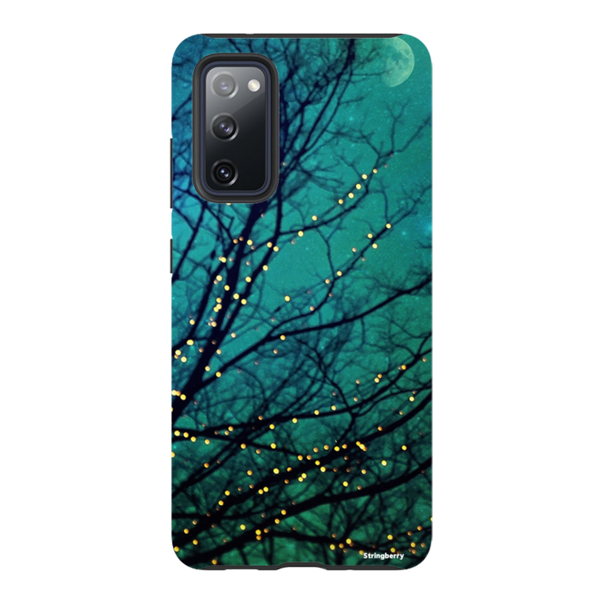 Samsung Tough Case featuring a teal night sky, silhouetted tree branches, and glowing fairy lights design.