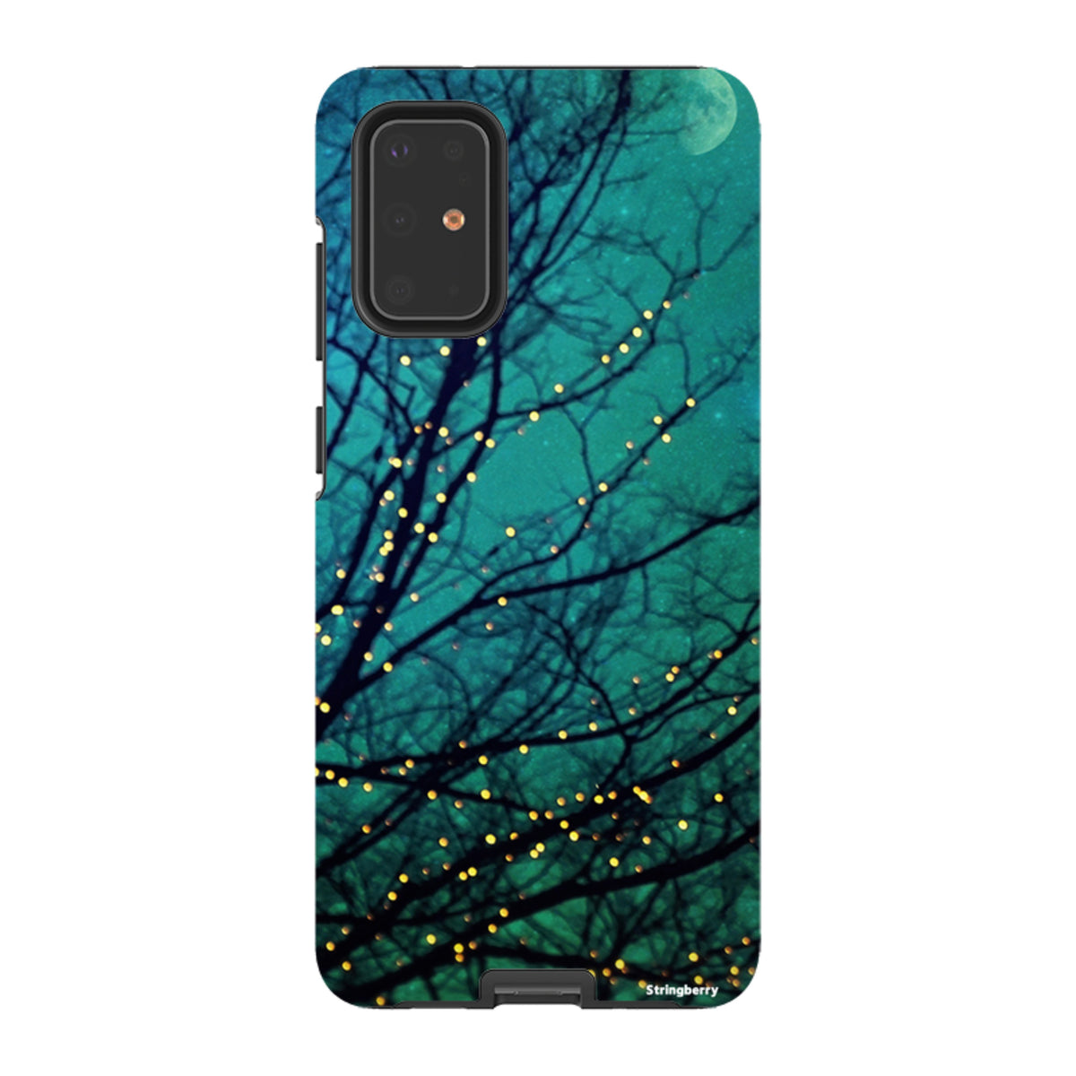 Samsung Tough Case featuring a teal night sky, silhouetted tree branches, and glowing fairy lights in a dual-layer design.