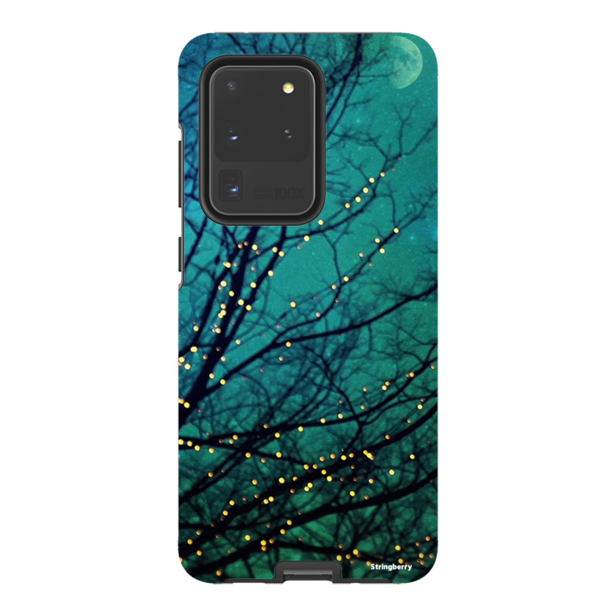 Samsung Tough Case featuring a magical night sky, dark tree silhouettes, and glowing fairy lights in teal hues.