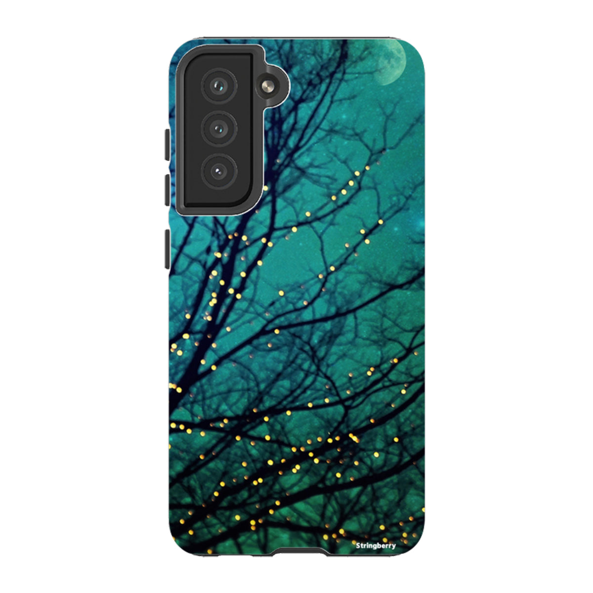 Samsung Tough Case featuring a magical night sky, teal gradient, and glowing fairy lights on tree branches.