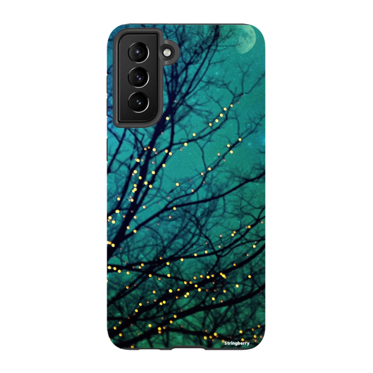 Samsung Tough Case featuring a teal night sky, silhouetted tree branches, and glowing fairy lights design.