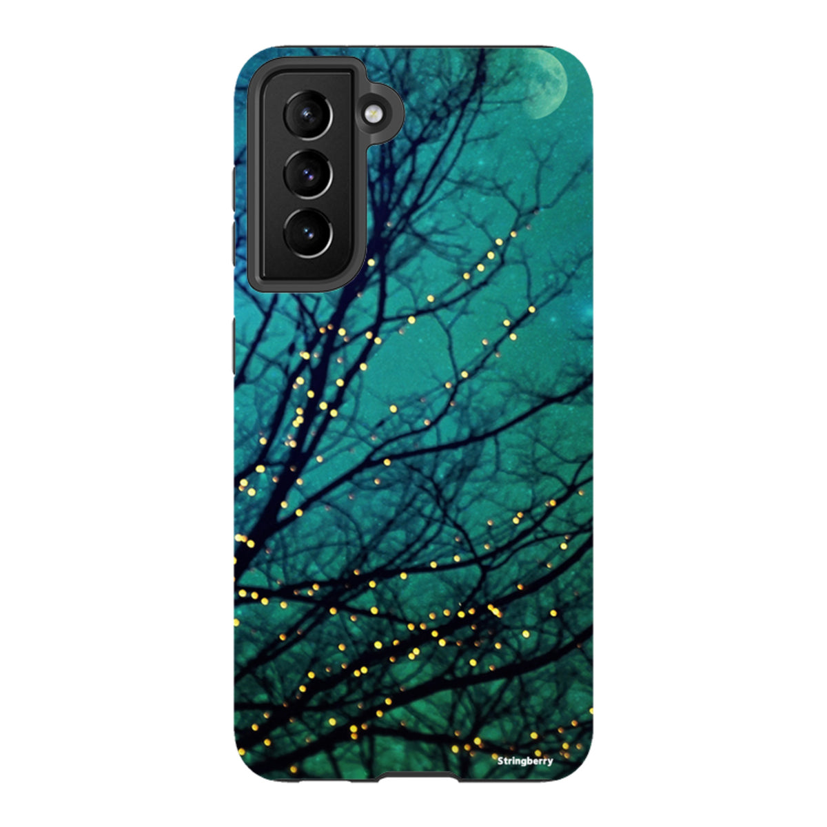 Samsung Tough Case featuring a teal night sky, silhouetted tree branches, and glowing fairy lights design.