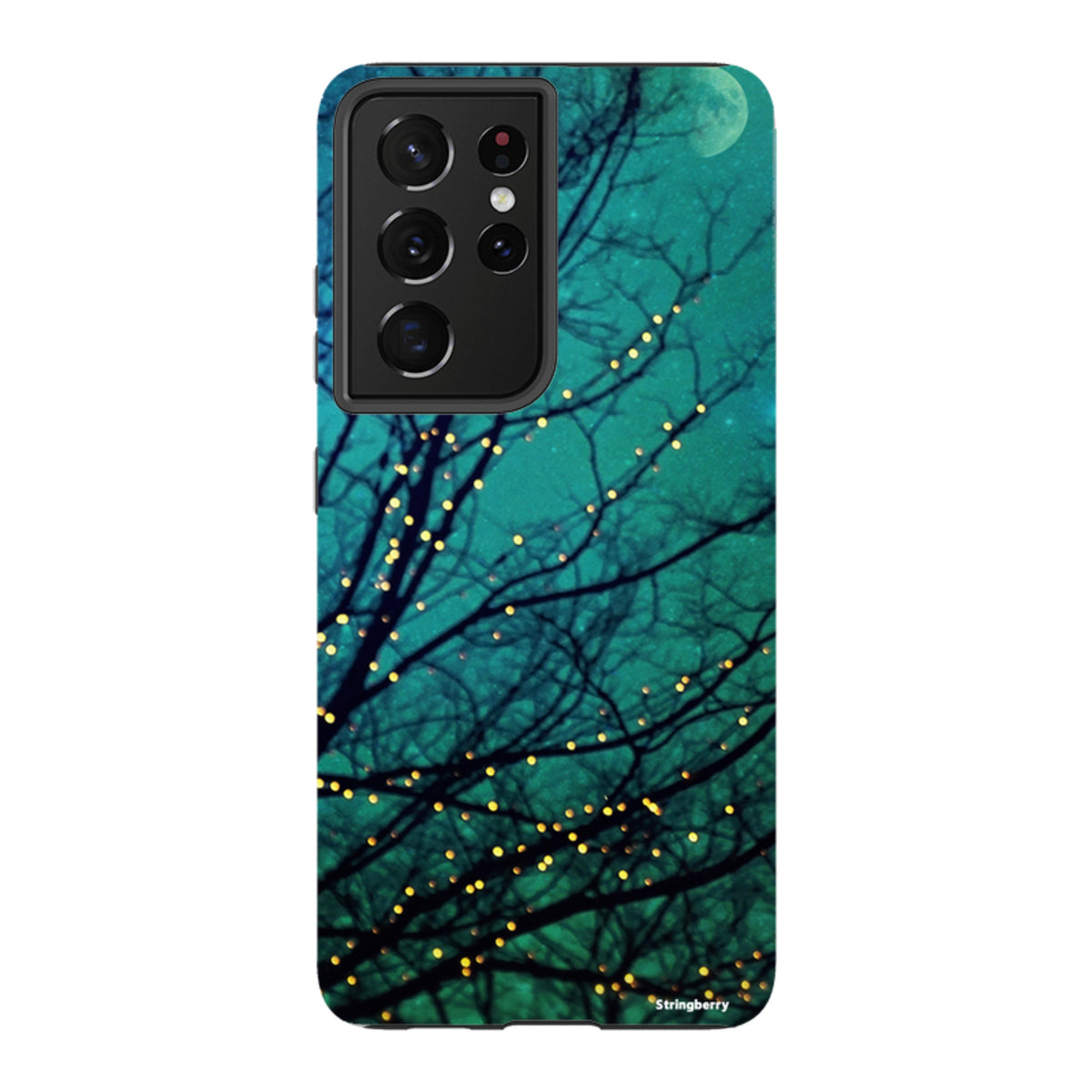 Samsung Tough Case featuring a teal night sky, silhouetted tree branches, and glowing fairy lights design.