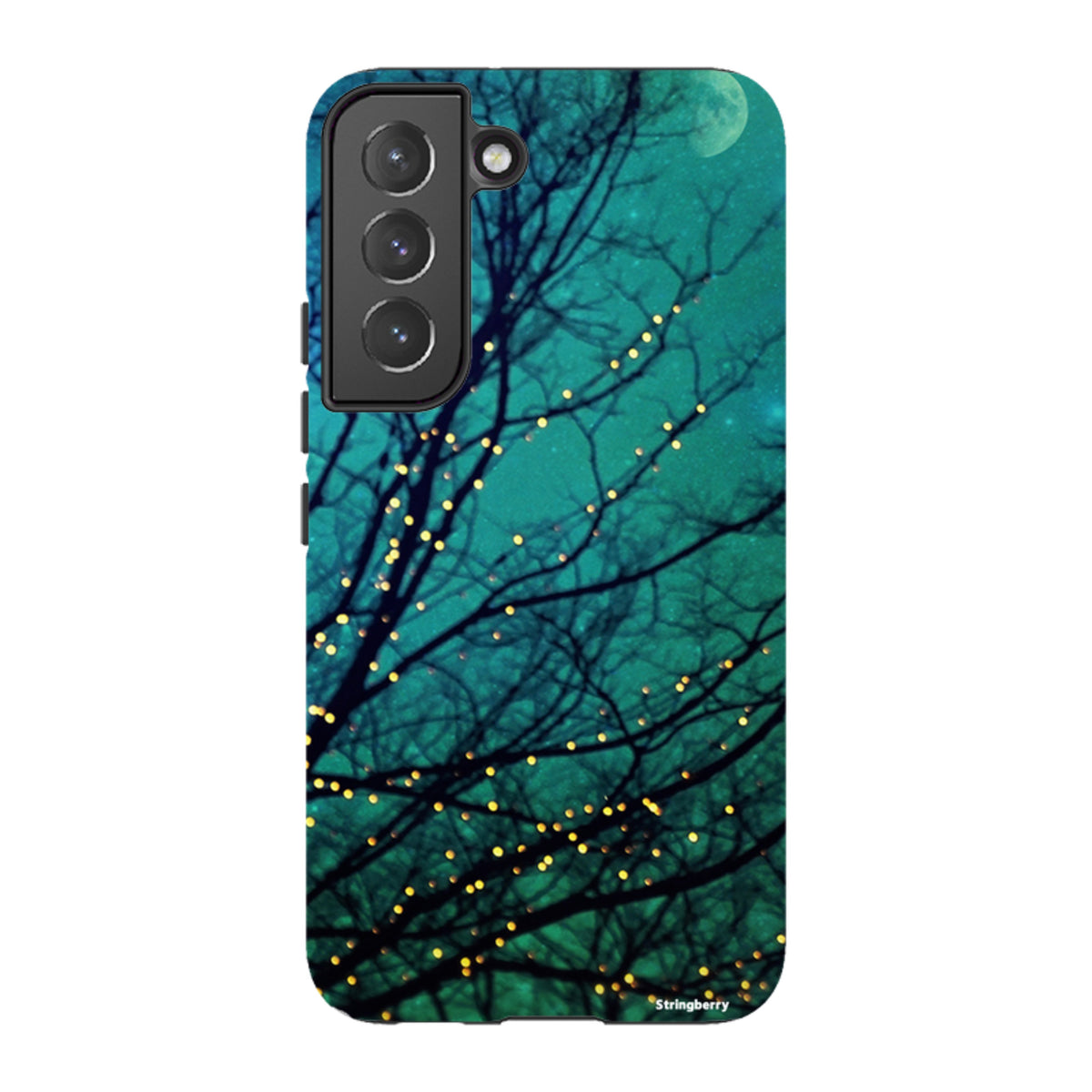 Samsung Tough Case featuring a teal night sky, silhouetted tree branches, and glowing fairy lights in a dual-layer design.