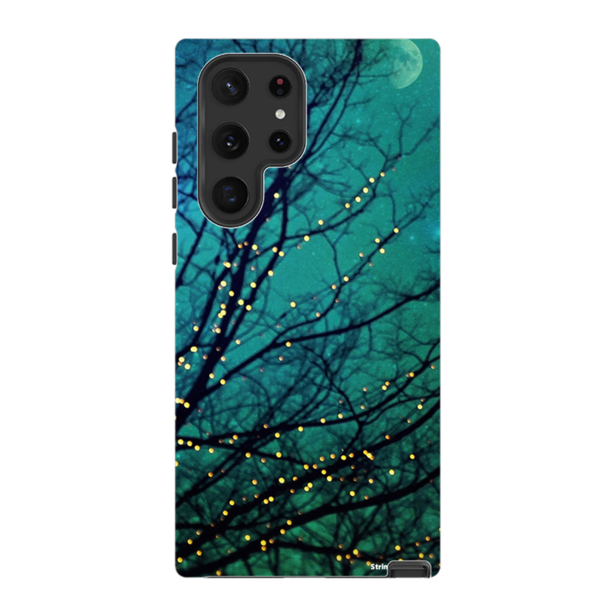 Samsung Tough Case featuring a teal night sky, silhouetted tree branches, and glowing fairy lights design.