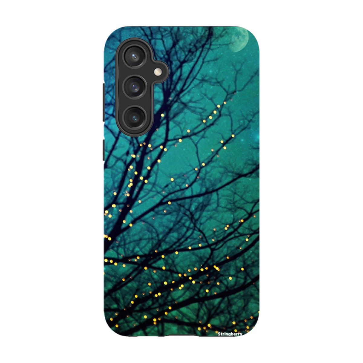 Samsung Tough Case featuring a teal night sky, silhouetted tree branches, and glowing fairy lights design.