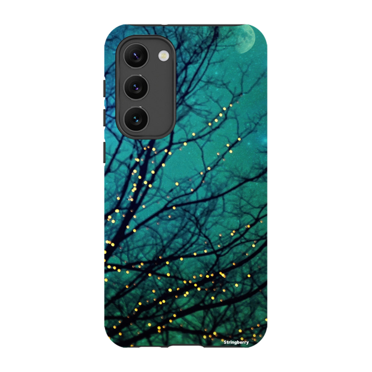 Samsung Tough Case featuring a teal night sky with dark tree silhouettes and glowing golden fairy lights.