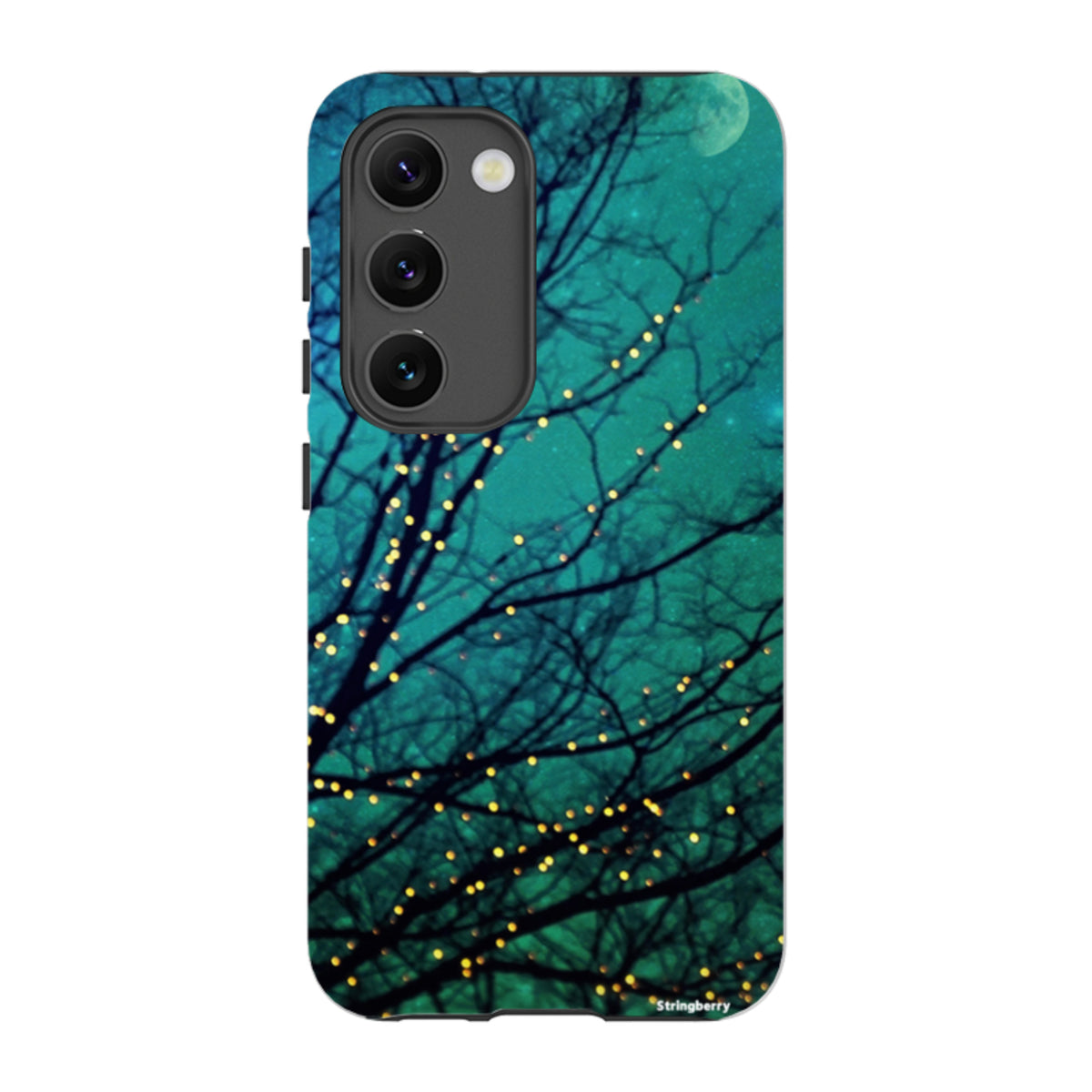 Samsung Tough Case featuring a teal night sky with silhouetted tree branches and glowing fairy lights.