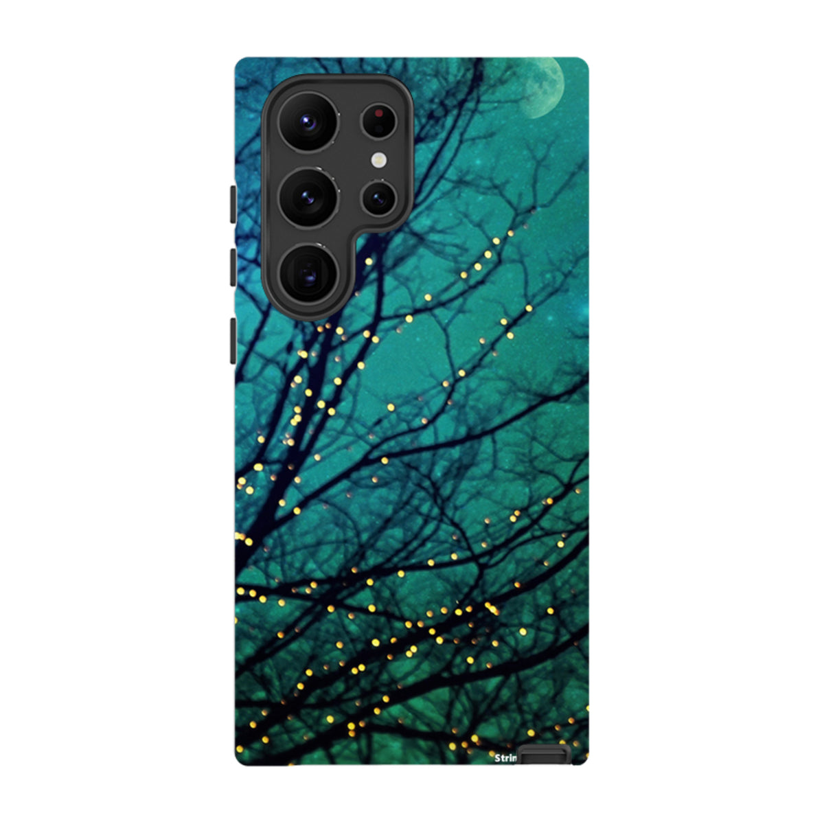 Samsung Galaxy tough case featuring a teal night sky, silhouetted tree branches, and glowing fairy lights.