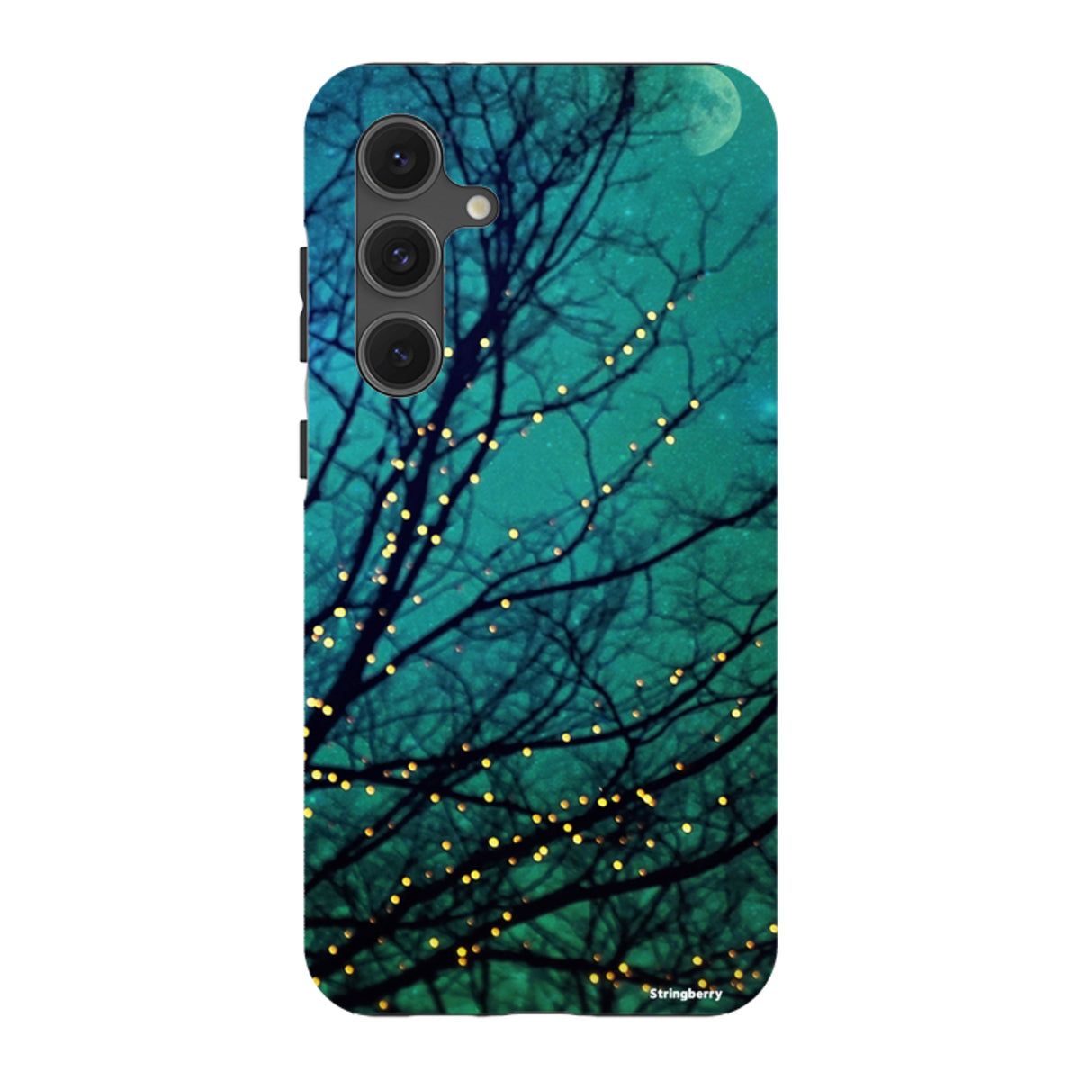 Samsung Tough Case featuring a teal night sky, silhouetted tree branches, and glowing fairy lights design.
