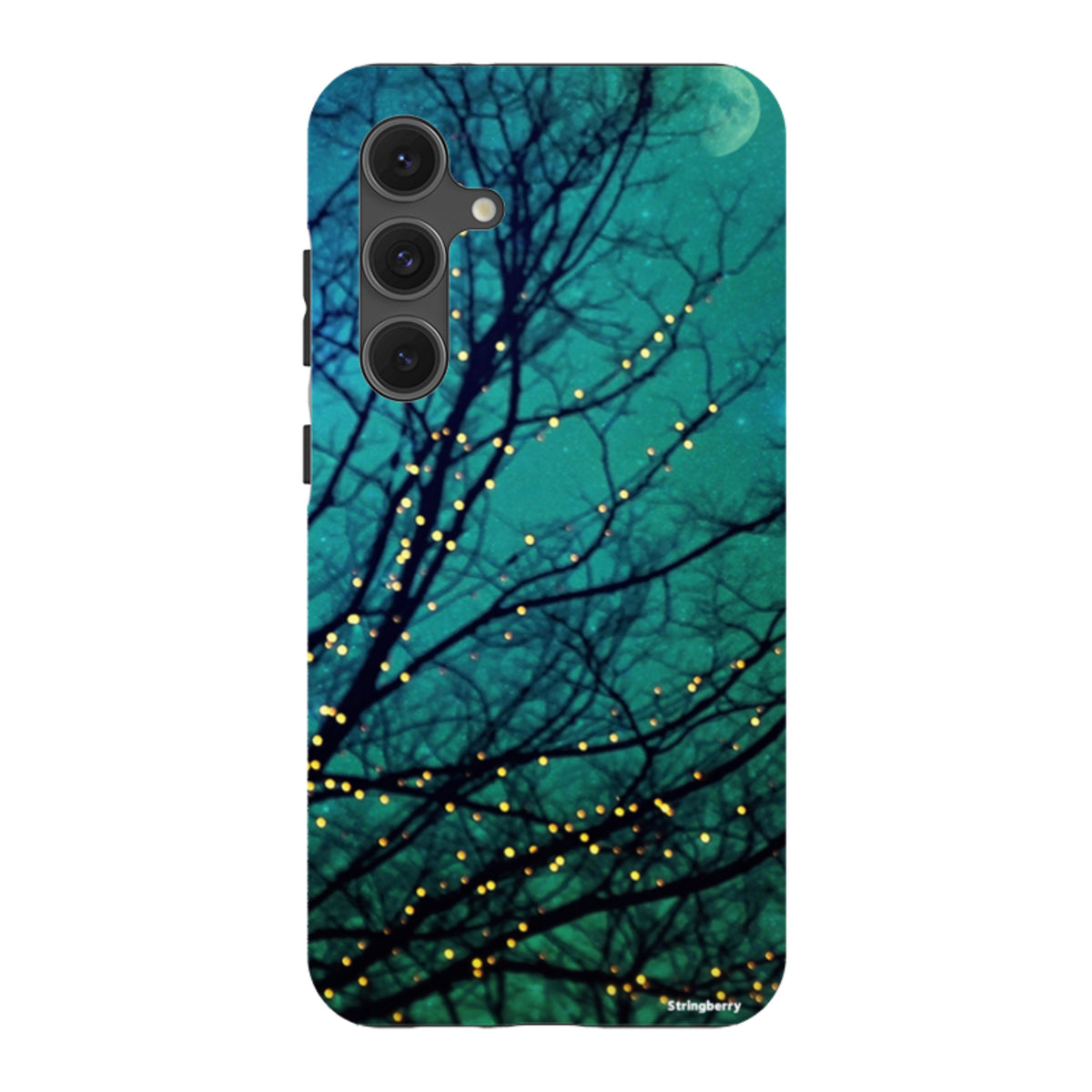 Samsung Tough Case featuring a teal night sky, silhouetted tree branches, and glowing fairy lights in a dual-layer design.
