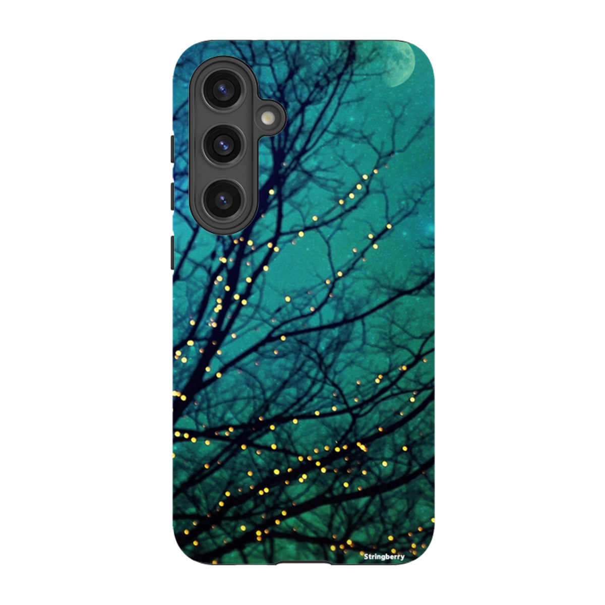 Samsung Tough Case featuring a teal night sky, silhouetted tree branches, and glowing fairy lights design.