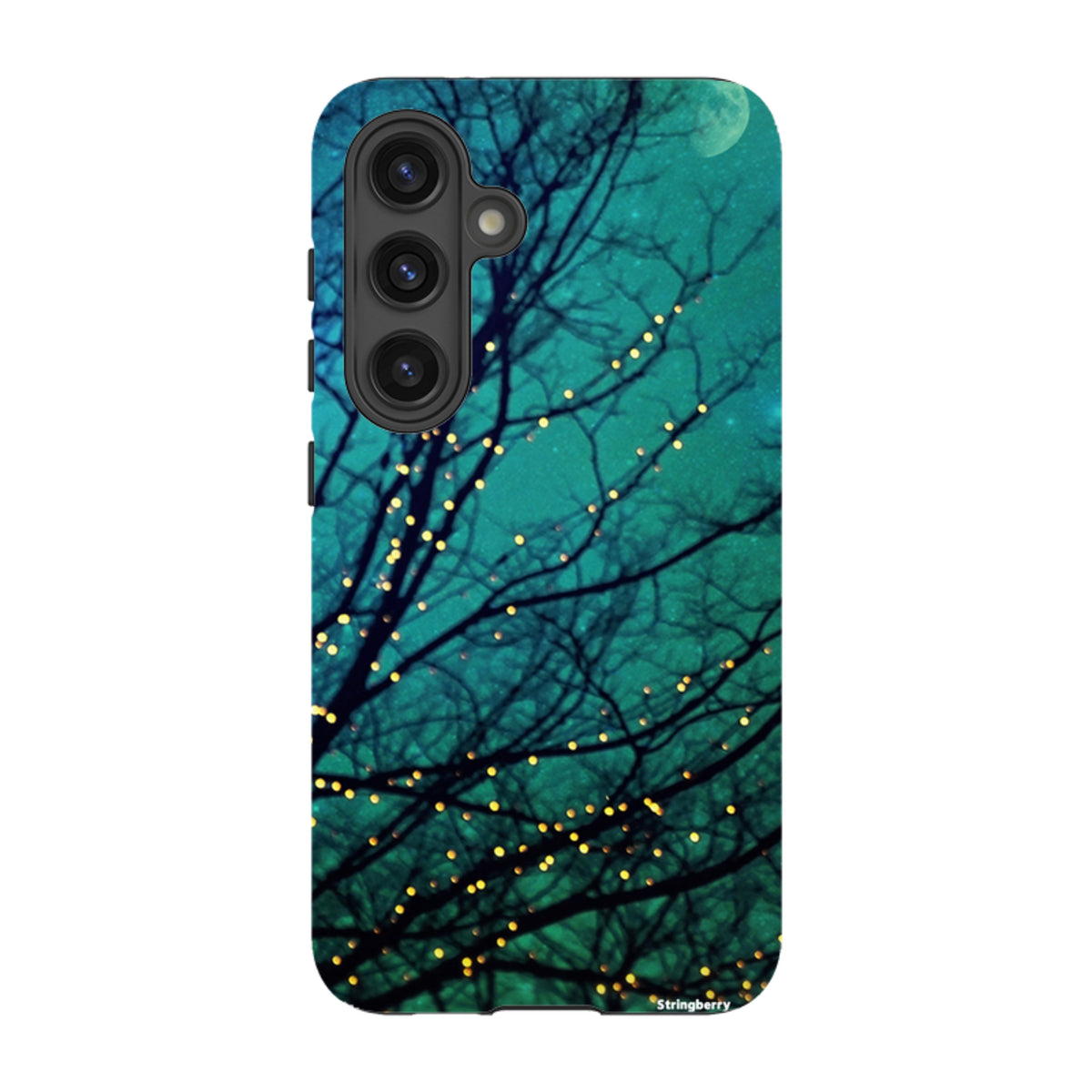Samsung Tough Case featuring a teal night sky, silhouetted tree branches, and glowing fairy lights design.