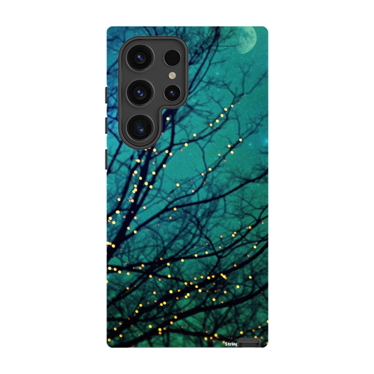 Samsung Tough Case featuring a teal night sky, silhouetted tree branches, and glowing fairy lights for Galaxy phones.
