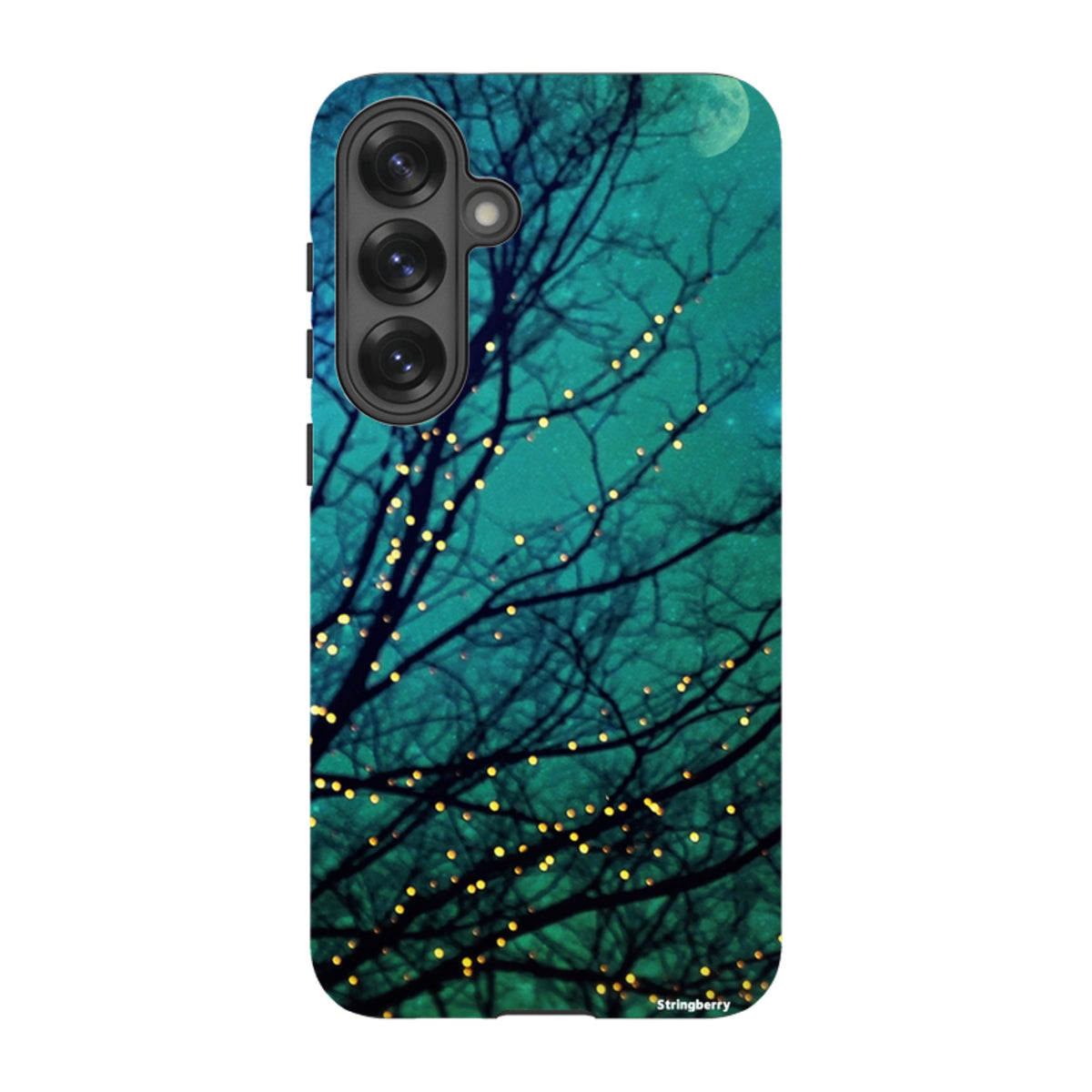 Samsung Tough Case featuring a teal night sky, silhouetted tree branches, and glowing fairy lights design.