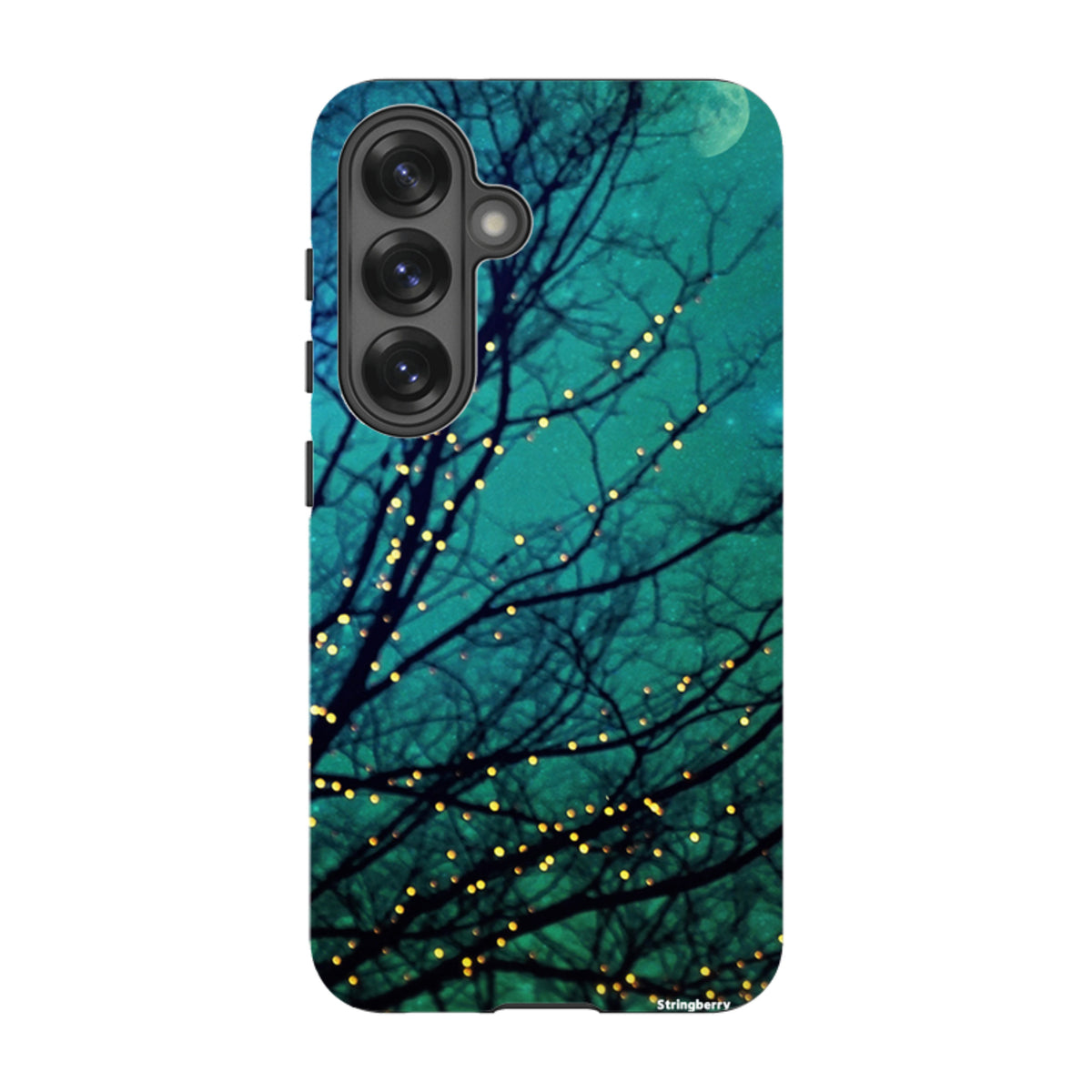 Samsung Tough Case featuring a teal night sky, silhouetted tree branches, and glowing fairy lights design.