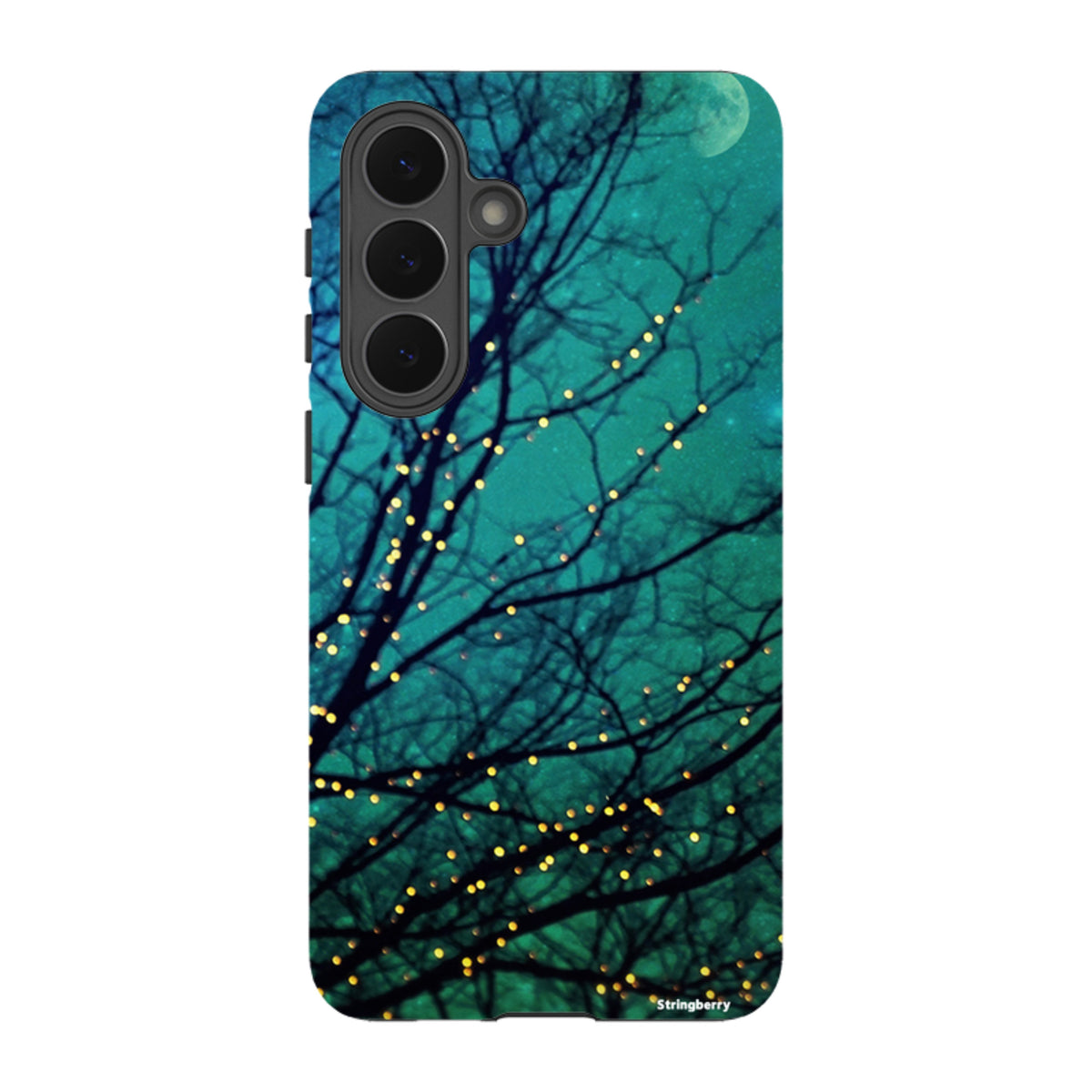 Samsung Tough Case featuring a teal night sky with silhouetted tree branches and glowing fairy lights.