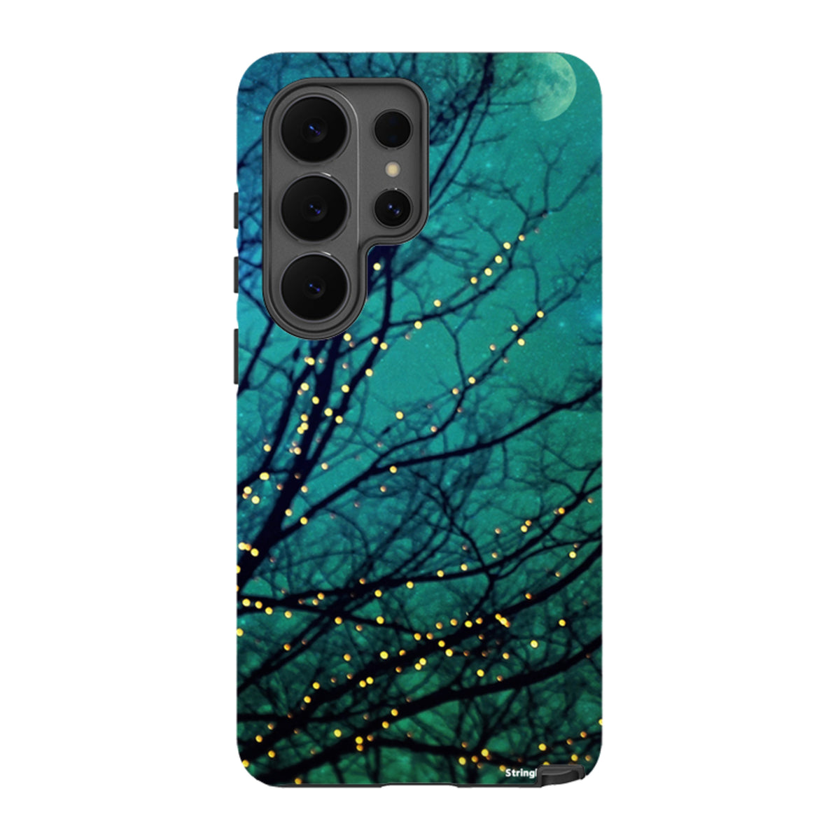 Samsung Tough Case featuring a teal night sky, silhouetted tree branches, glowing fairy lights, and a full moon.