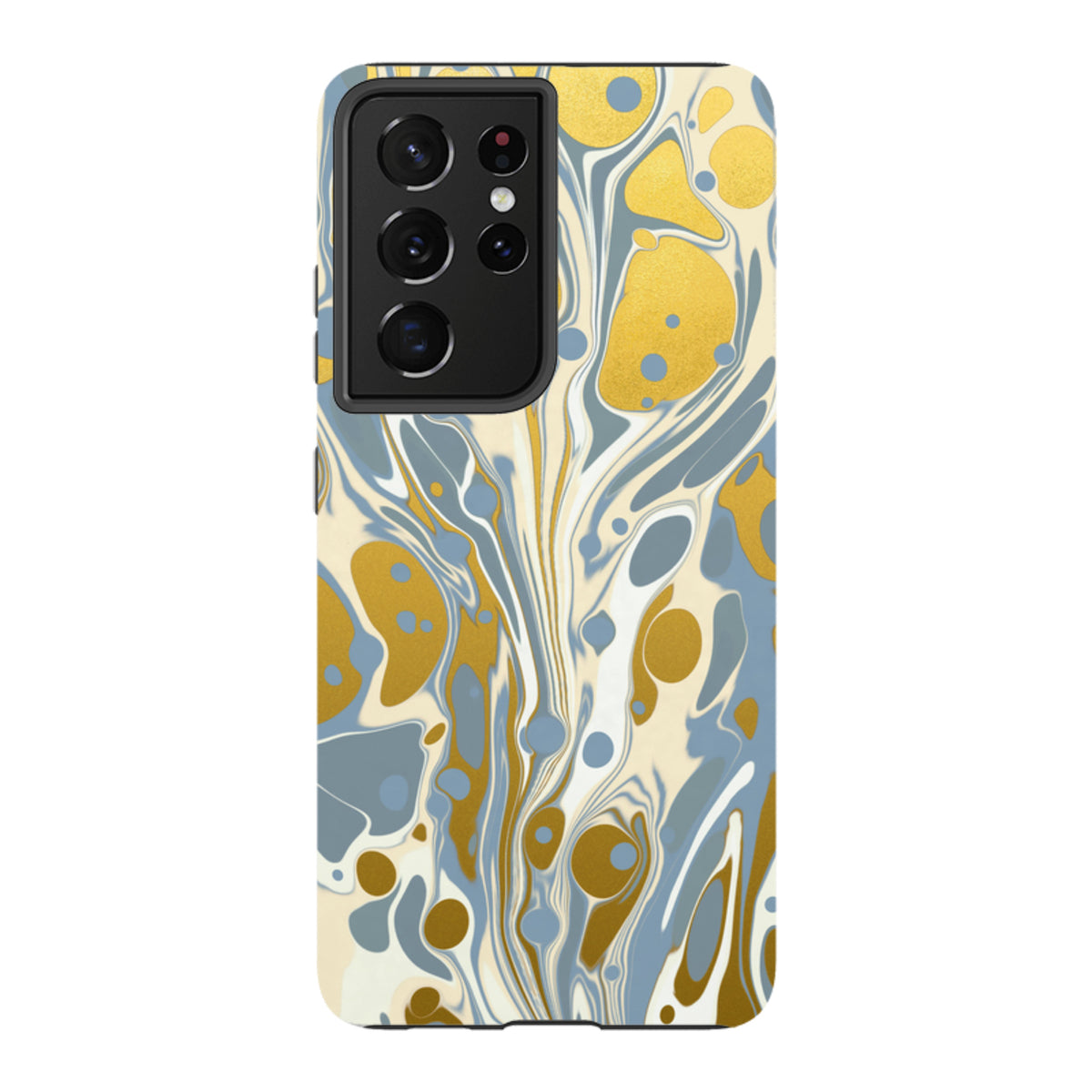 Samsung Galaxy tough case featuring a blue, white, and gold marbled design with a protective dual-layer construction.