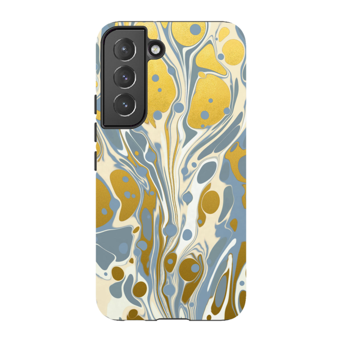 Samsung Galaxy tough case featuring a blue, white, and gold marbled design with a protective dual-layer construction.