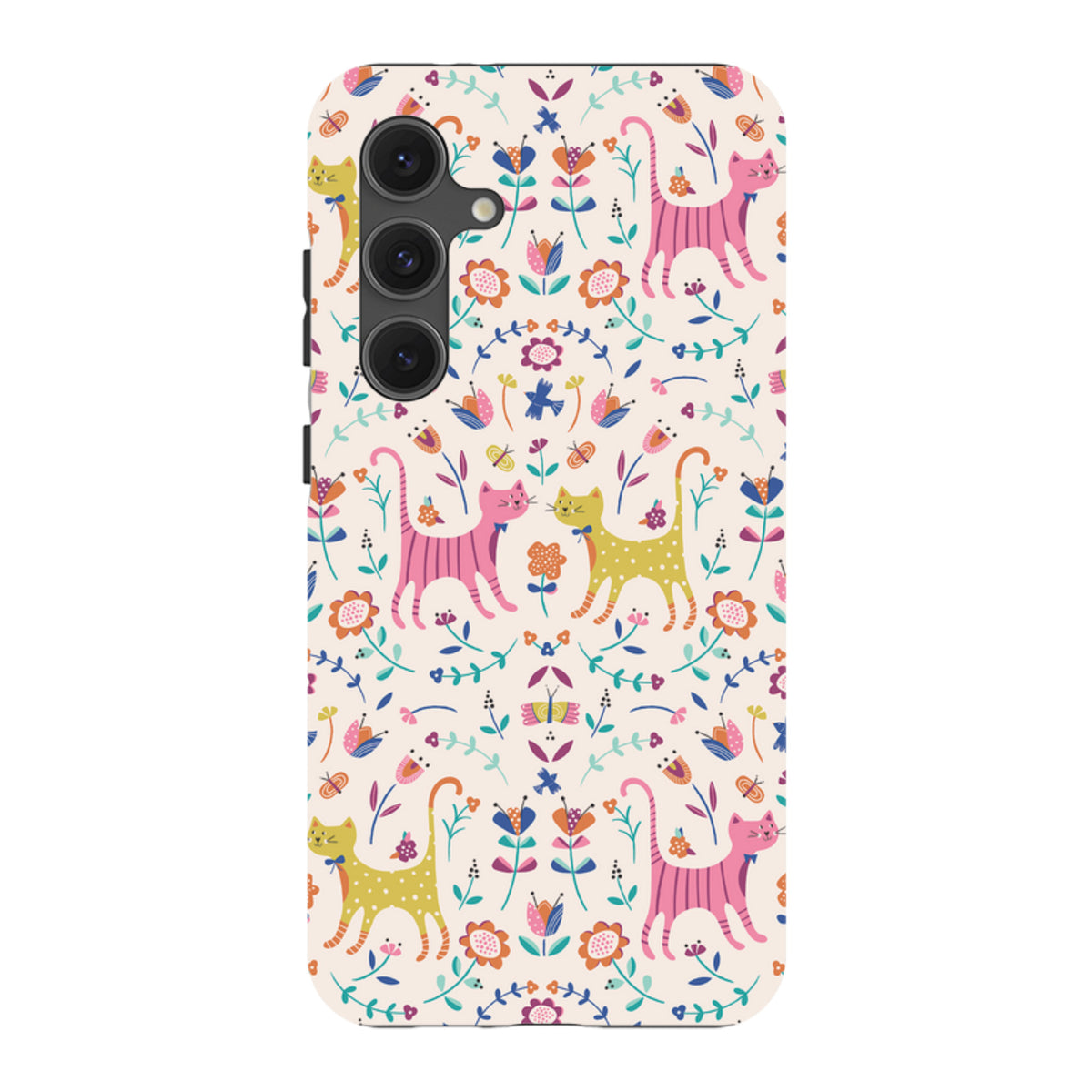 Samsung Tough Case featuring a colorful cat and floral pattern on a cream background with a triple-lens camera cutout.