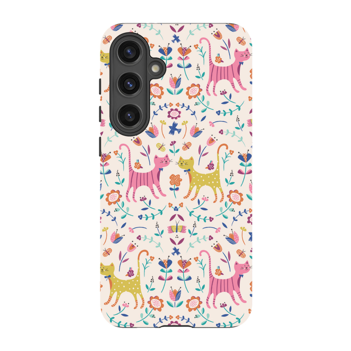 Samsung Tough Case featuring a colorful cat and floral pattern on a cream background with a triple-lens camera cutout.