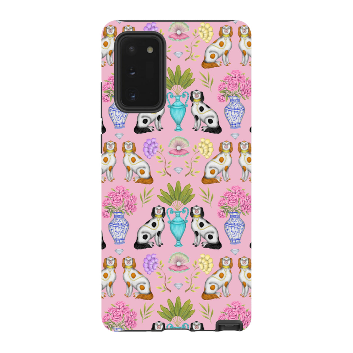 Samsung Tough Case featuring Catherine Rowe’s Miami China print with dogs, floral vases, and pearls on a pink background.