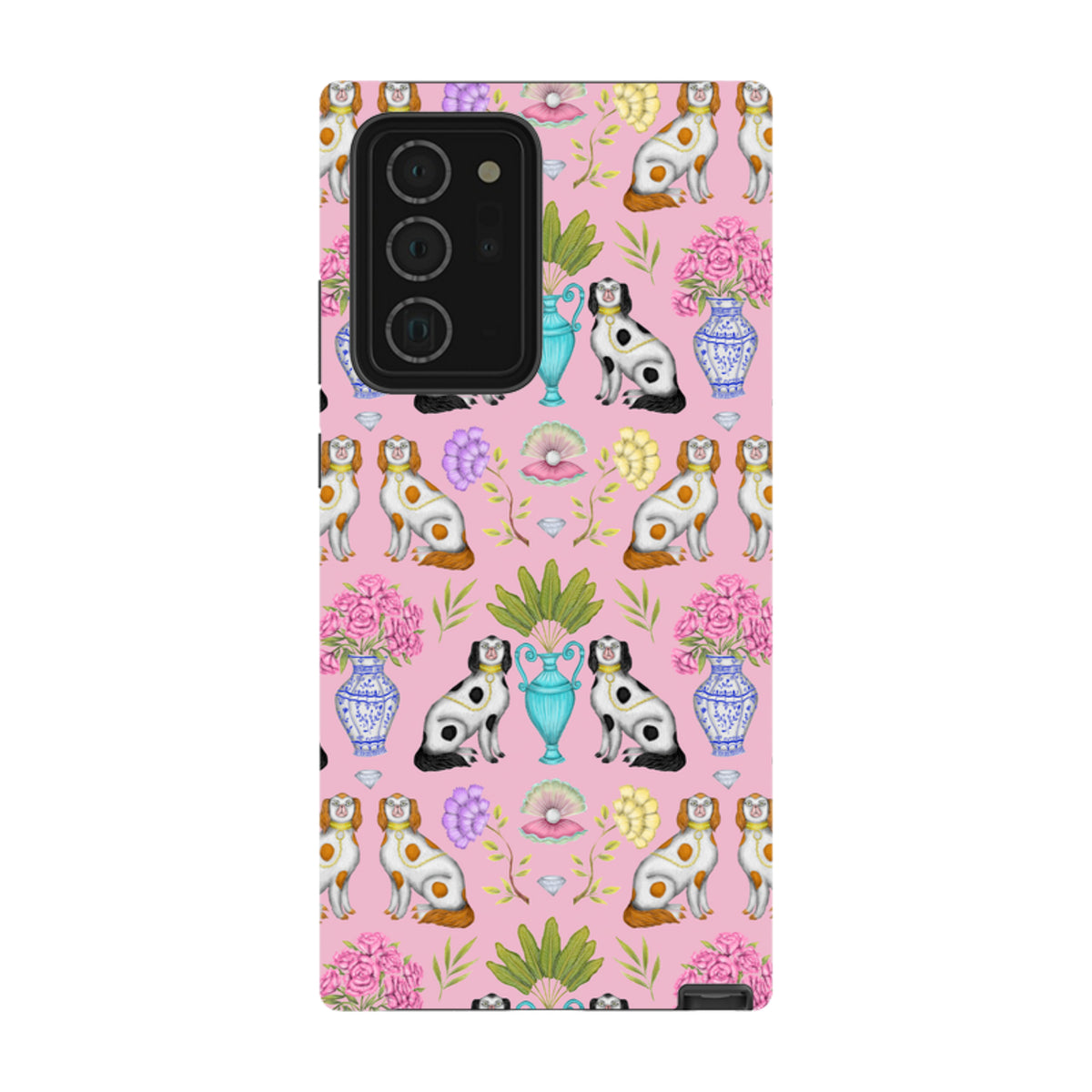 Samsung Tough Case featuring a pink pattern of spotted dogs, floral vases, and pearls by Catherine Rowe.