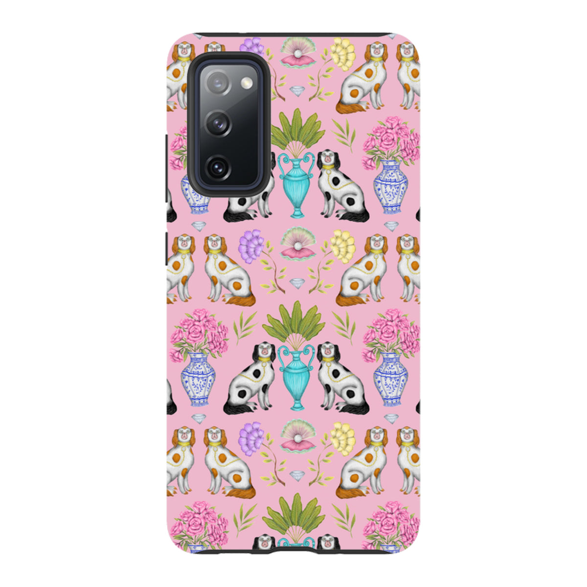 Samsung Tough Case featuring a pink pattern of dogs, floral vases, and shells by Catherine Rowe for Galaxy phones.