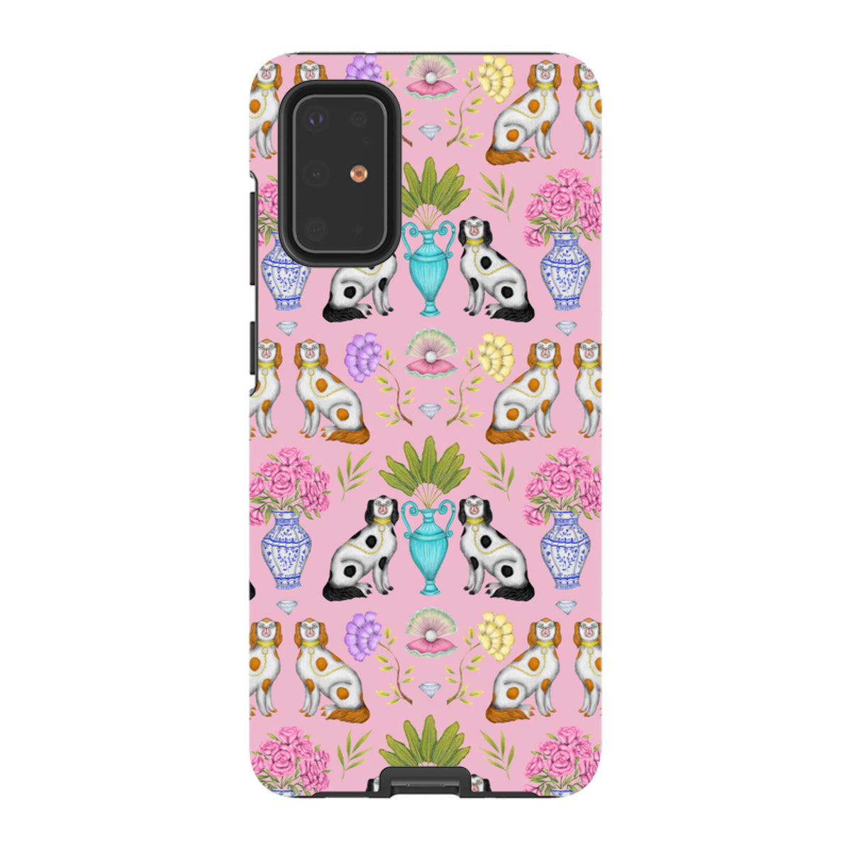Samsung tough phone case with a pink Miami China pattern featuring dogs, floral vases, and pearls by Catherine Rowe.