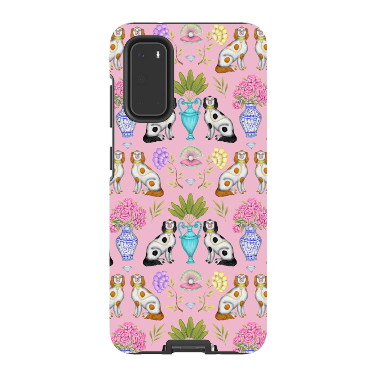 Samsung tough phone case in pink with a Catherine Rowe Miami China pattern of dogs, floral vases, and pearls.