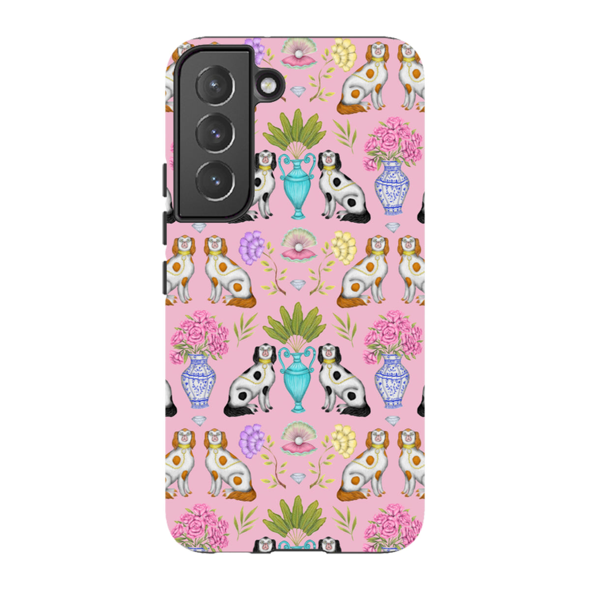 Samsung phone case with a pink pattern of dogs, floral vases, and pearls by Catherine Rowe, featuring dual-layer protection.