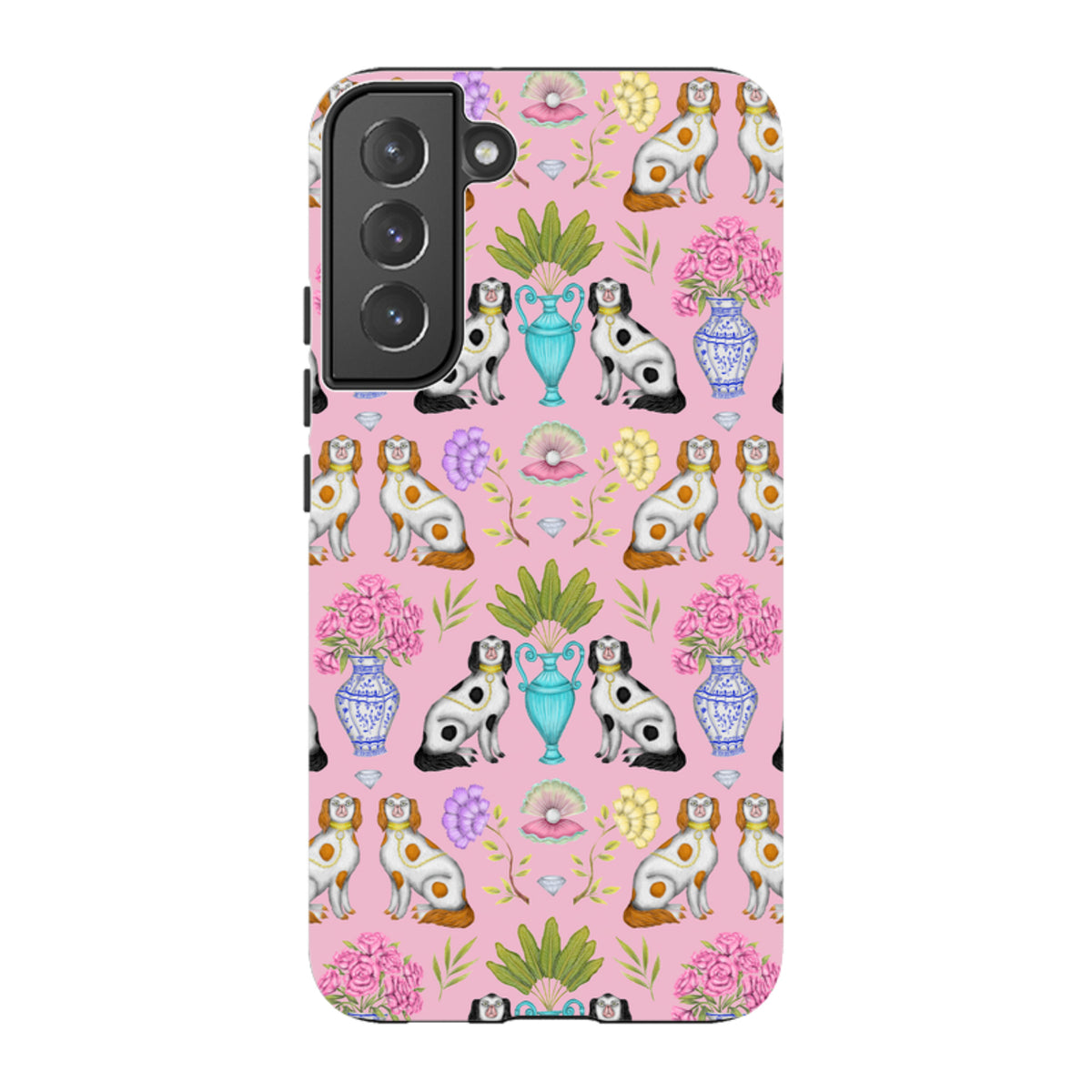 Samsung Tough Case featuring a pink pattern of dogs, floral vases, and pearls by Catherine Rowe for Galaxy phones.
