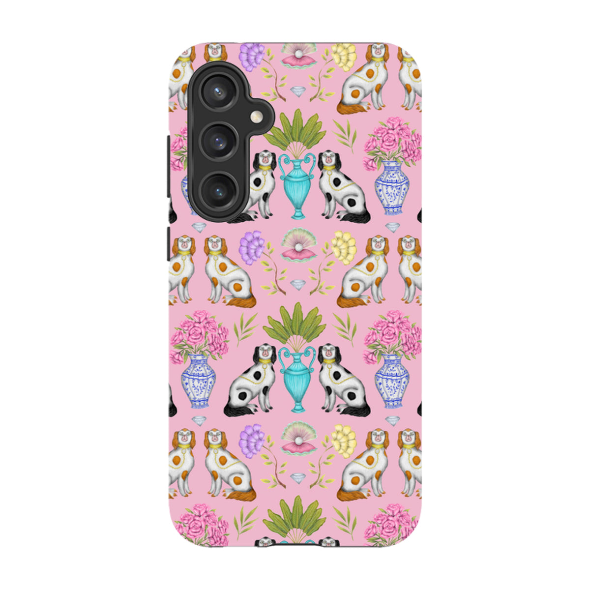 Samsung Tough Case featuring a pink pattern of dogs, floral vases, and pearls by Catherine Rowe for Galaxy phones.