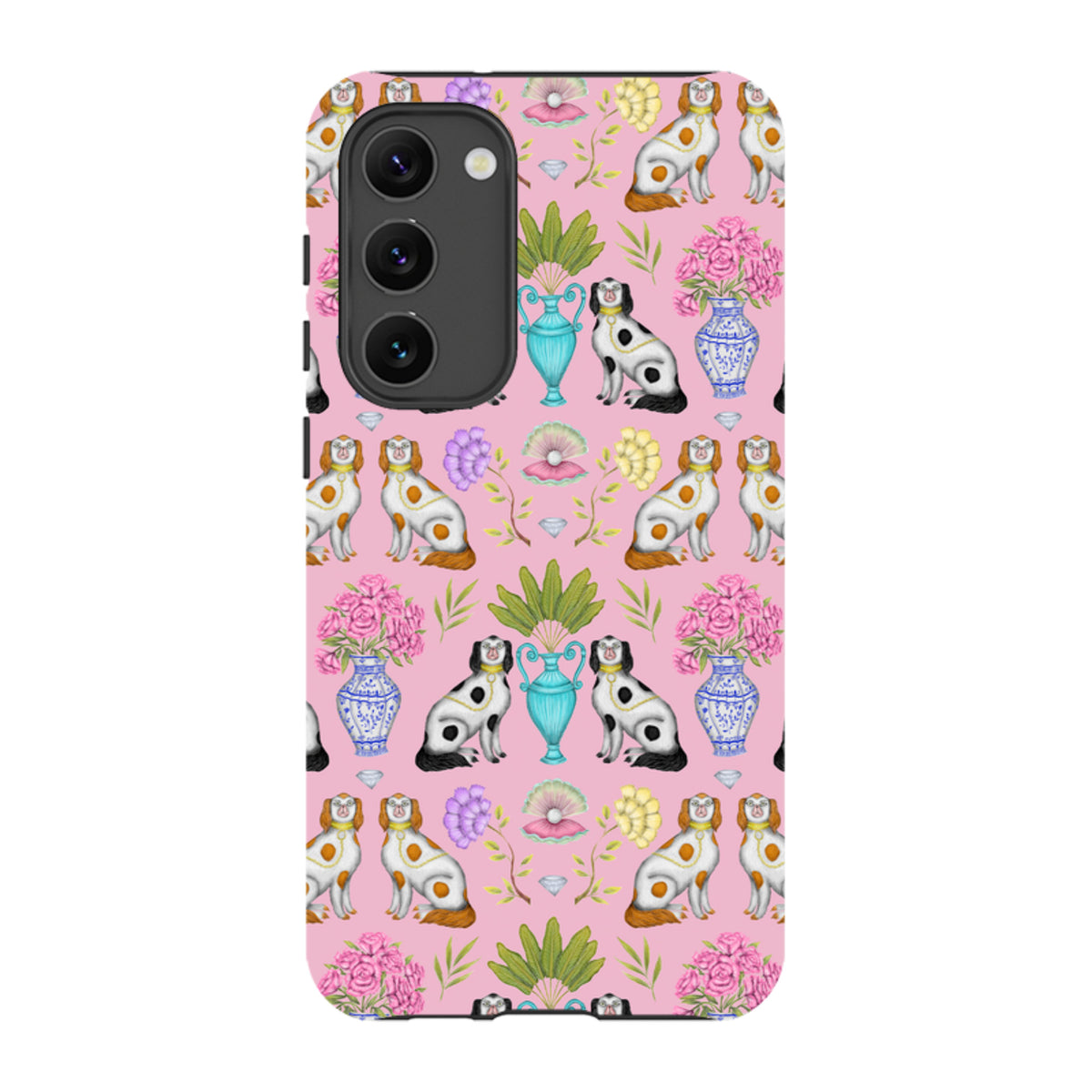 Samsung Tough Case with pink background, featuring Catherine Rowe’s Miami China print of dogs, vases, and floral motifs.