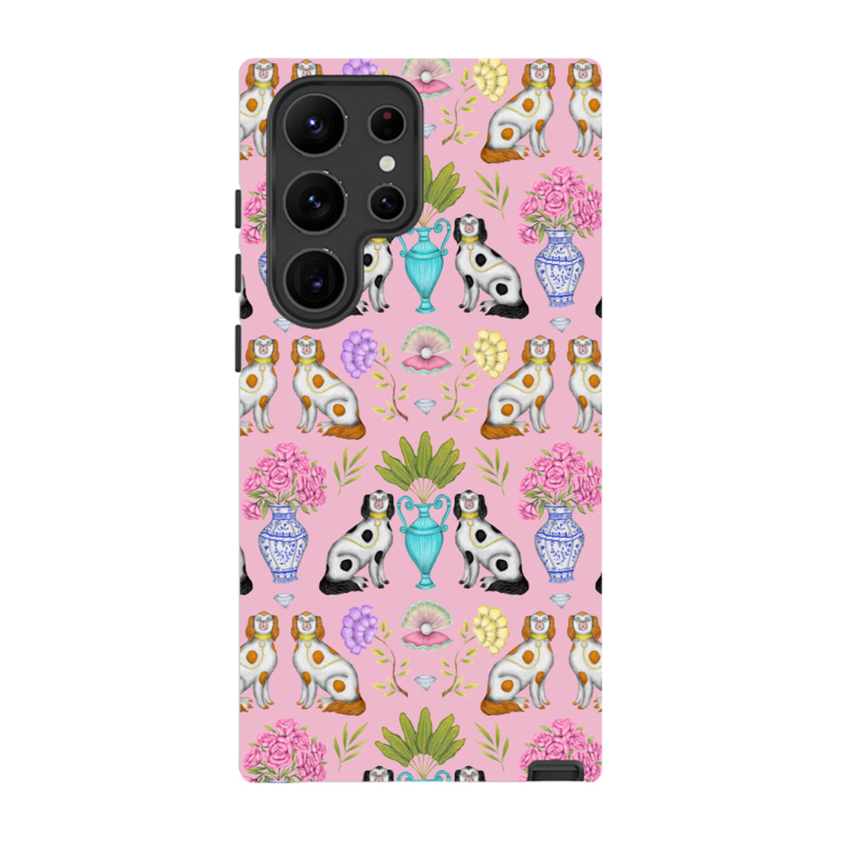 Samsung tough phone case featuring Catherine Rowe’s pink Miami China pattern with dogs, floral vases, and pearls.
