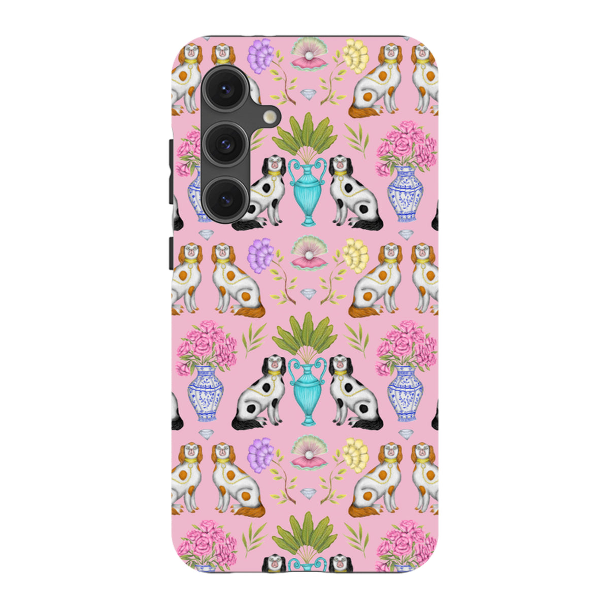 Samsung Tough Case with pink background, featuring Catherine Rowe’s Miami China pattern of dogs, floral vases, and shells.
